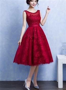 Picture of Elegant Tea Length Wine Red Color Homecoming Dresses, Lace Party Dresses